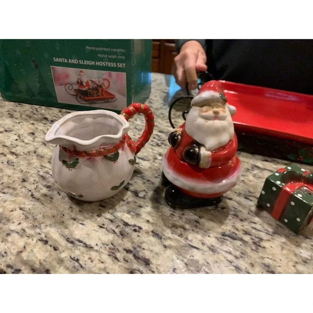 Christmas Sleigh hostess‎ set hand paint coffee or tea set red & green